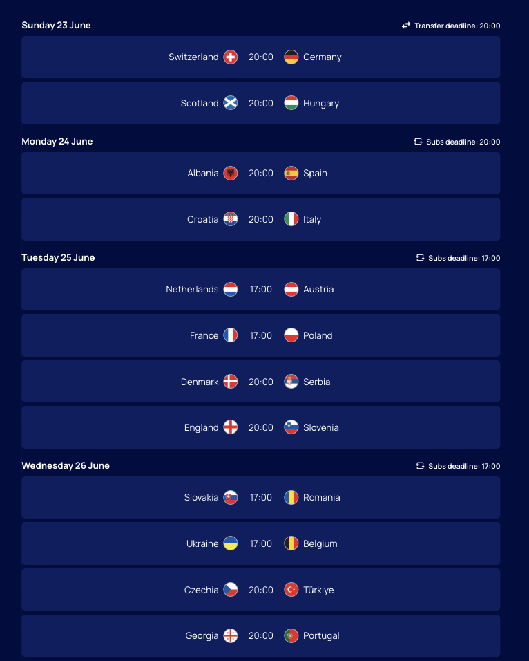 2024 Euro Fantasy MD3 Fixtures
